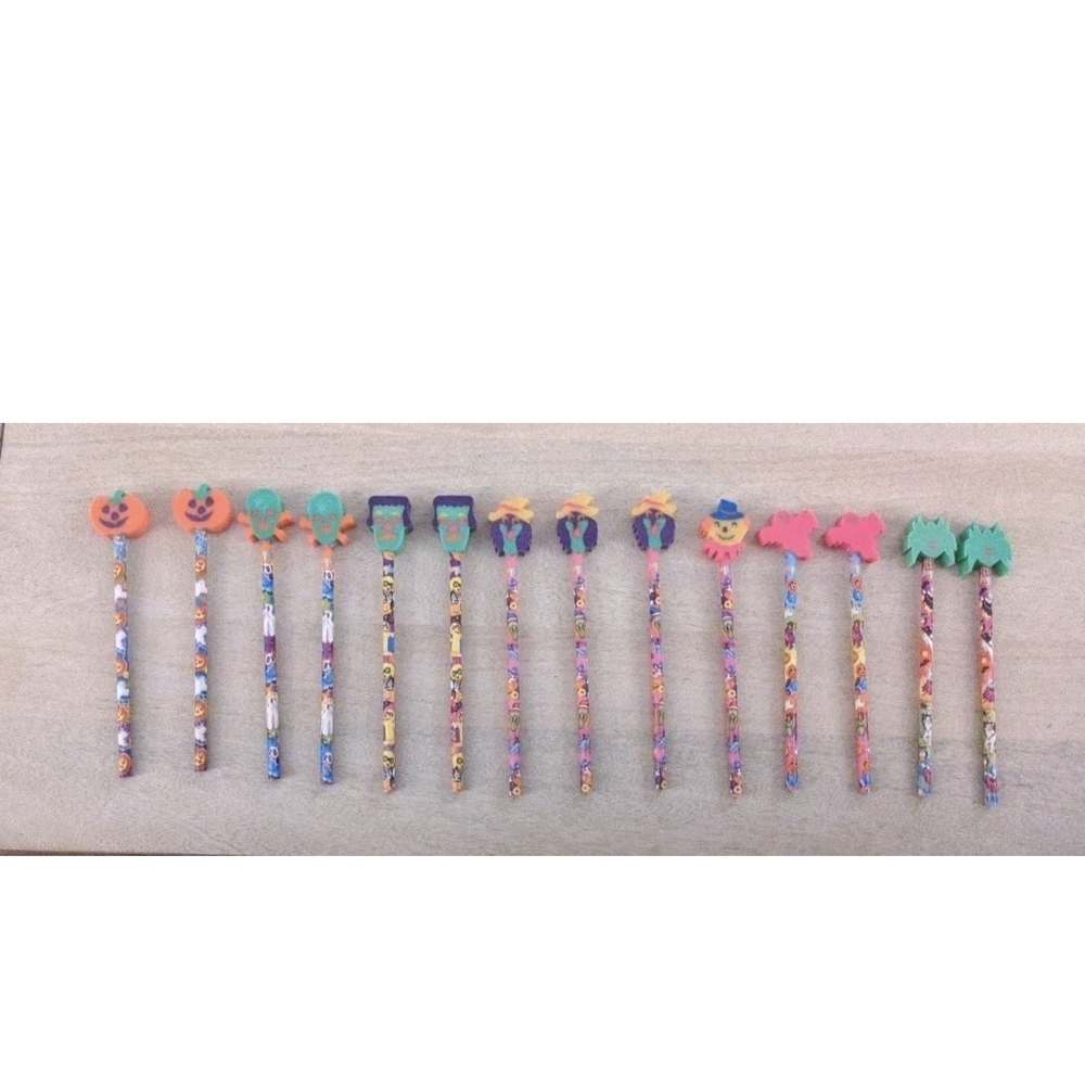 Set Of 14 Vintage Lisa Frank Halloween Pencils Shaped Erasers Unused READ